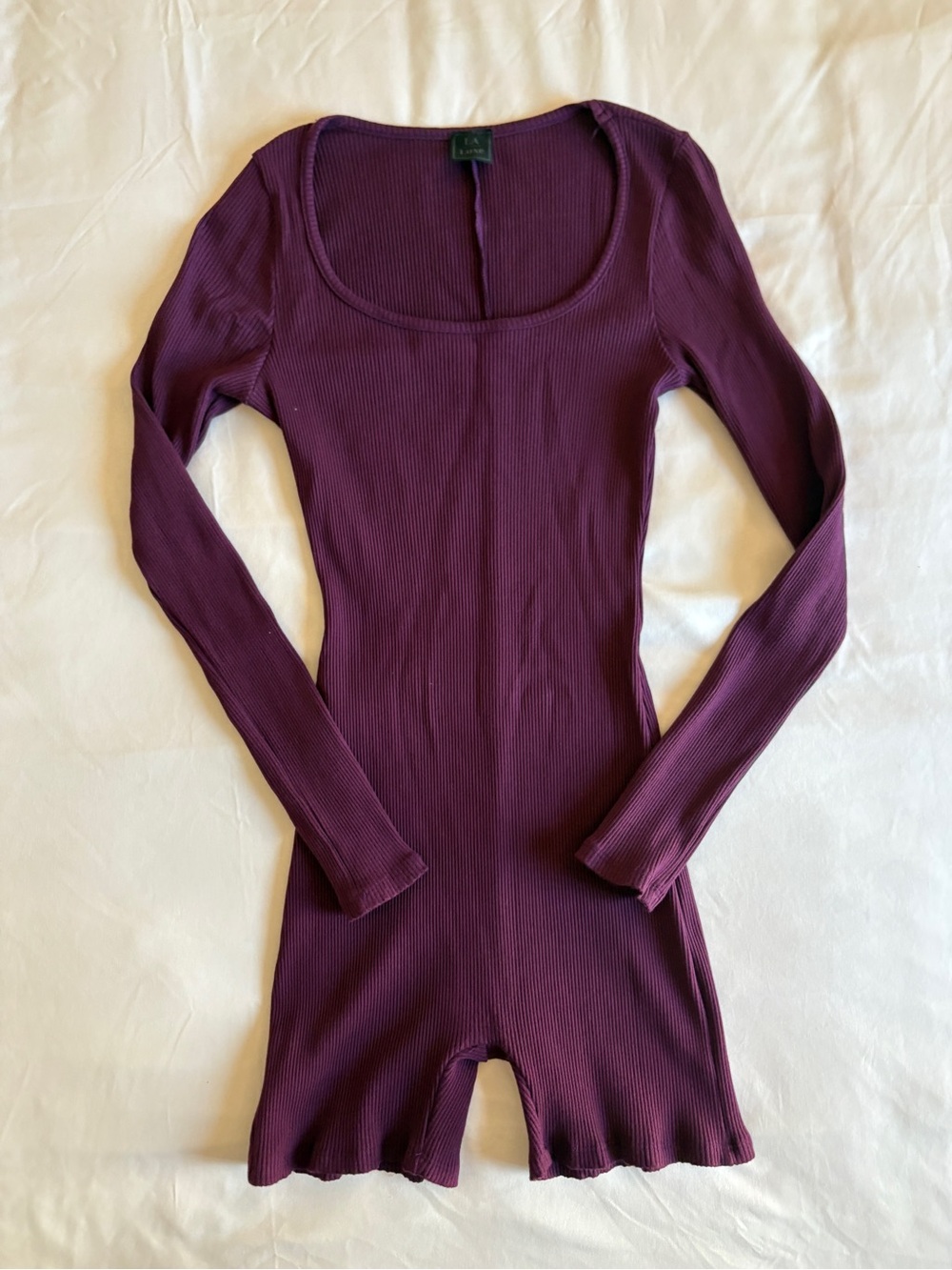 Plum Ribbed Long Sleeve Scoop Short Romper Casual Everyday